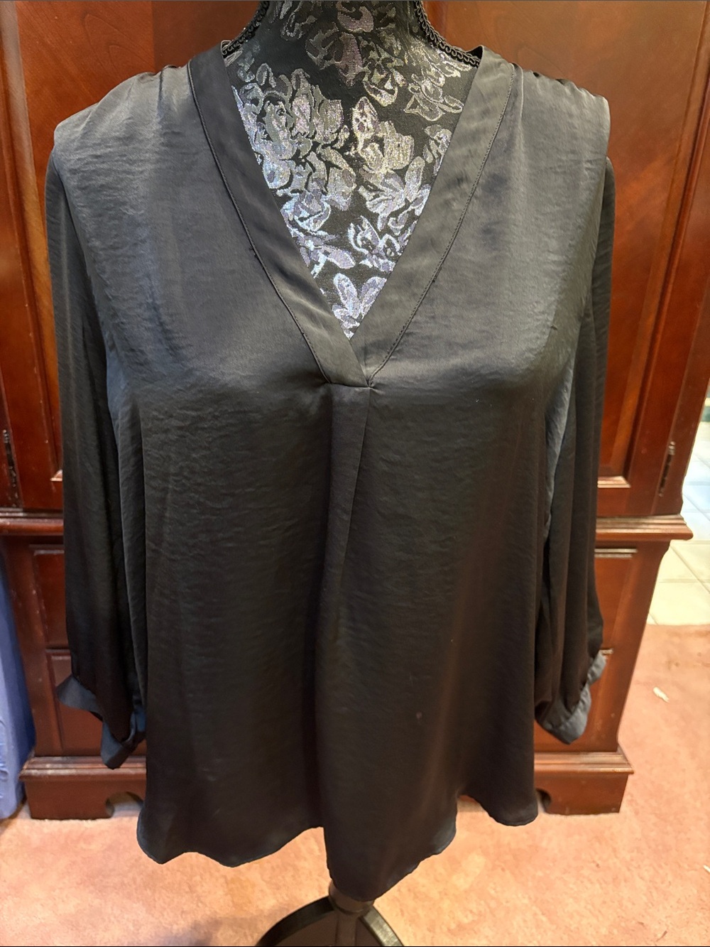 Women's Black V-Neck Satin Blouse - Timeless Relaxed Fit